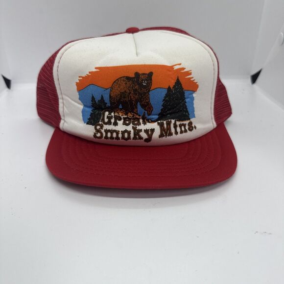 Vintage Great Smoky Mountains Bear Red Bill Snapback Trucker Hat - Picture 1 of 5